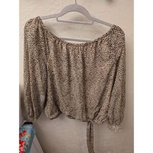 CeCe Womens XL Leopard Print Off Shoulder Blouse Gold Metallic Tie Hem Top